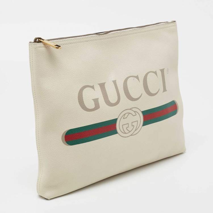 Pre Owned Gucci White Leather Logo Print Zip Pouch