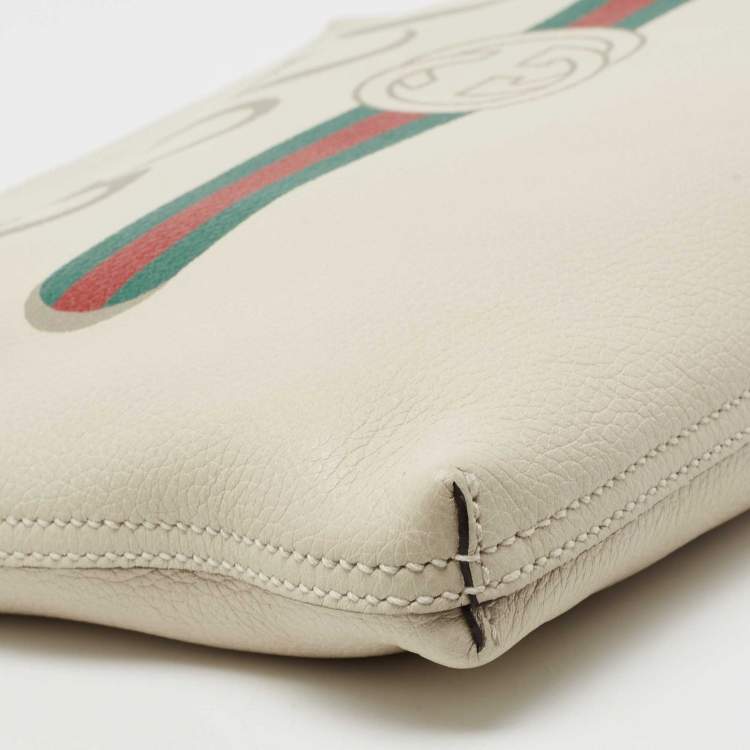 Pre Owned Gucci White Leather Logo Print Zip Pouch