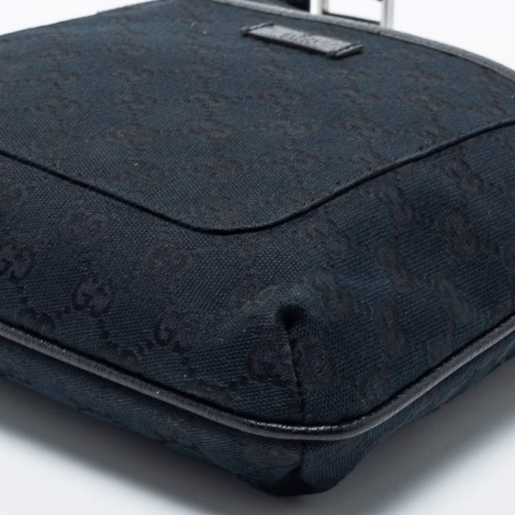Pre Owned Gucci Black GG  Canvas And Leather Flat Messenger Bag