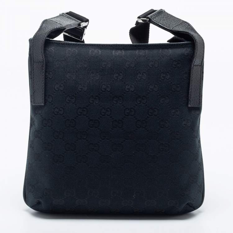 Pre Owned Gucci Black GG  Canvas And Leather Flat Messenger Bag