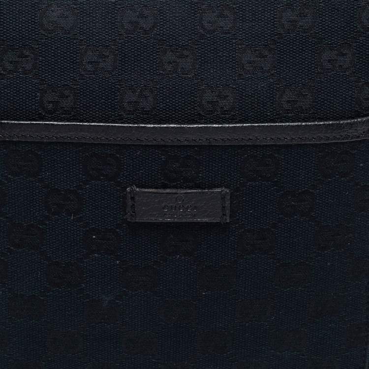 Pre Owned Gucci Black GG  Canvas And Leather Flat Messenger Bag