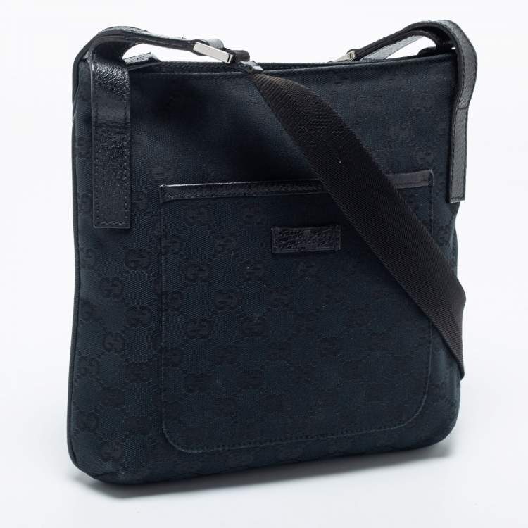 Pre Owned Gucci Black GG  Canvas And Leather Flat Messenger Bag