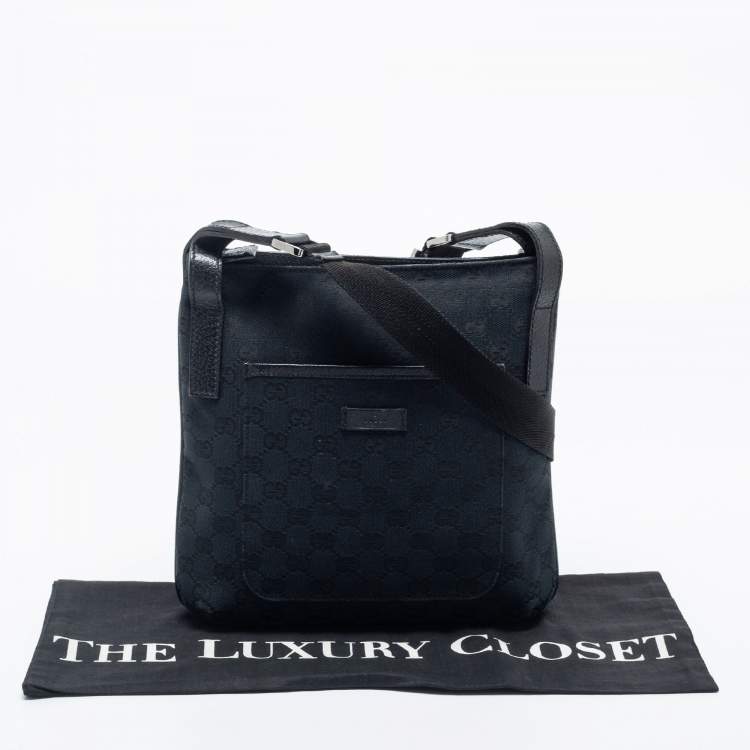 Pre Owned Gucci Black GG  Canvas And Leather Flat Messenger Bag