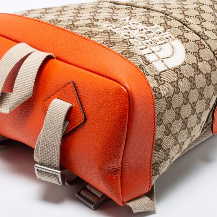 Pre Owned Gucci X The North Face Beige/Orange GG Canvas And Leather Backpack