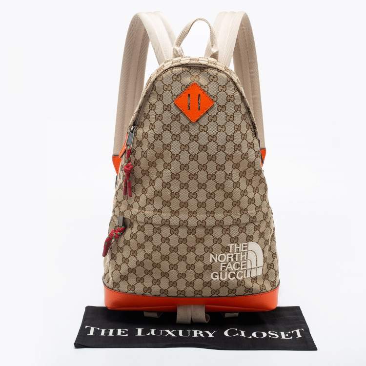Pre Owned Gucci X The North Face Beige/Orange GG Canvas And Leather Backpack