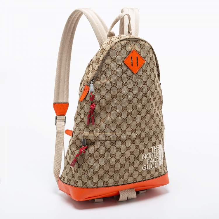 Pre Owned Gucci X The North Face Beige/Orange GG Canvas And Leather Backpack
