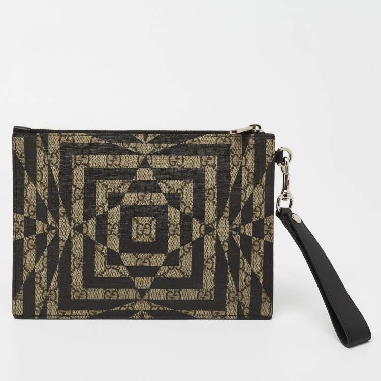 Pre Owned Gucci Beige/Black GG Supreme Canvas Wristlet Pouch