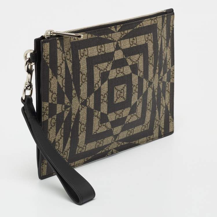 Pre Owned Gucci Beige/Black GG Supreme Canvas Wristlet Pouch