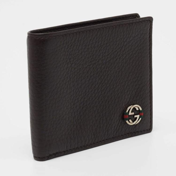 Pre Owned Gucci Brown Leather Web Interlocking G Bifold Wallet