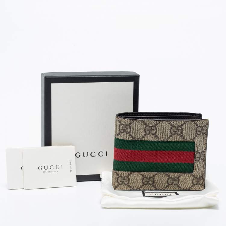 Pre Owned Gucci Beige GG Supreme Canvas Web Bifold Wallet 