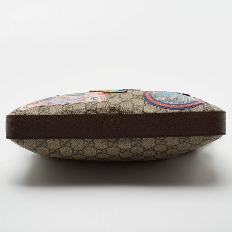 Pre Owned Gucci Beige/Brown Embroidered GG Supreme Canvas Medium Courrier Flat Messenger Bag