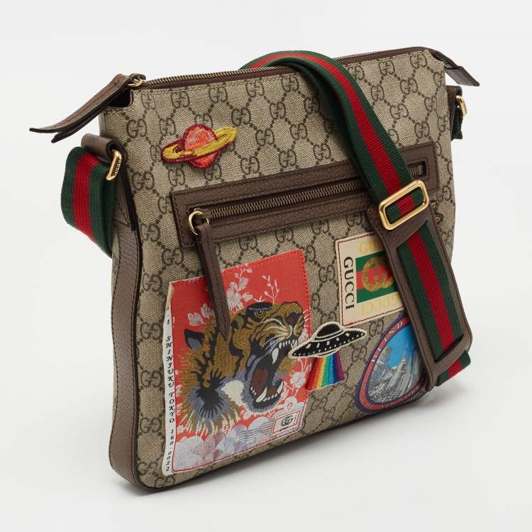 Pre Owned Gucci Beige/Brown Embroidered GG Supreme Canvas Medium Courrier Flat Messenger Bag