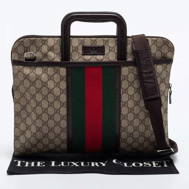 Pre Owned Gucci Brown/Beige GG Supremes Canvas and Leather Web Business Briefcase Bag