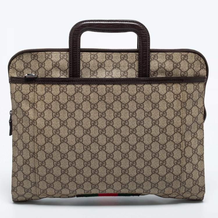 Pre Owned Gucci Brown/Beige GG Supremes Canvas and Leather Web Business Briefcase Bag
