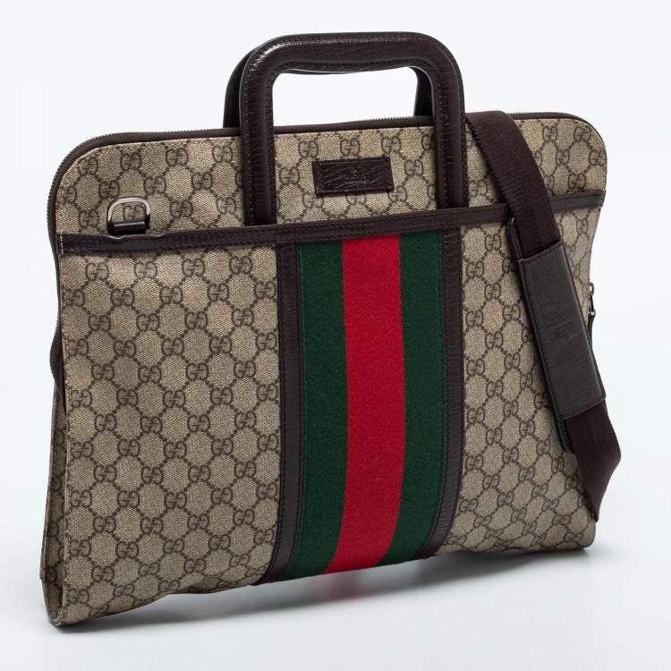 Pre Owned Gucci Brown/Beige GG Supremes Canvas and Leather Web Business Briefcase Bag