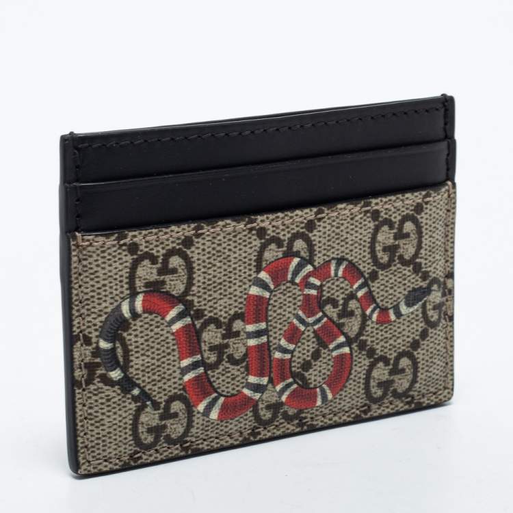 Pre Owned Gucci Beige/Black GG Supreme Canvas and Leather Kingsnake Card Holder