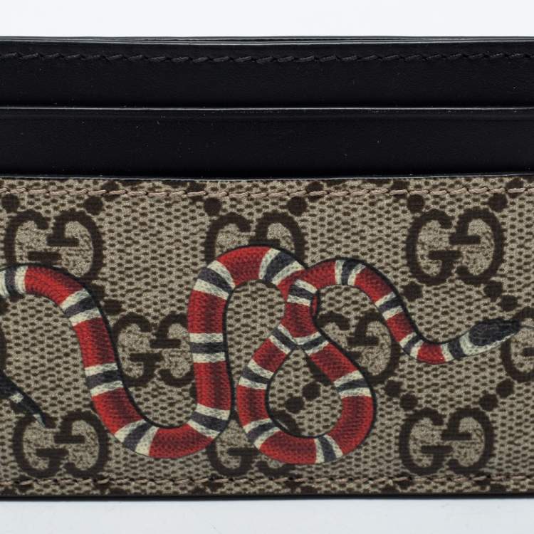 Pre Owned Gucci Beige/Black GG Supreme Canvas and Leather Kingsnake Card Holder