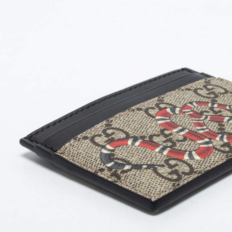 Pre Owned Gucci Beige/Black GG Supreme Canvas and Leather Kingsnake Card Holder