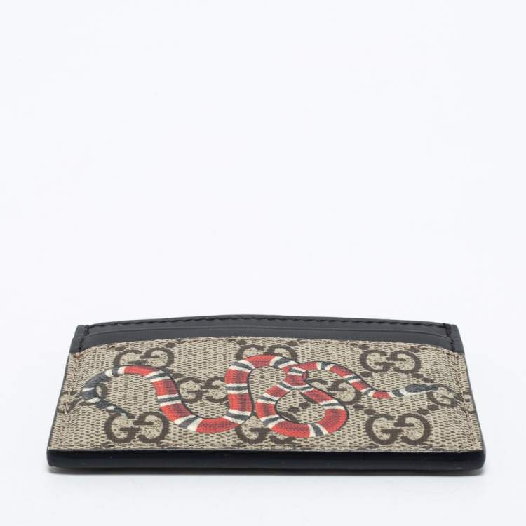 Pre Owned Gucci Beige/Black GG Supreme Canvas and Leather Kingsnake Card Holder