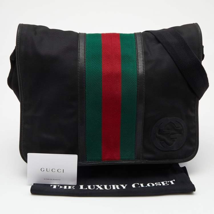 Pre Owned Gucci Black Nylon and Leather Web Double Lock Messenger Bag