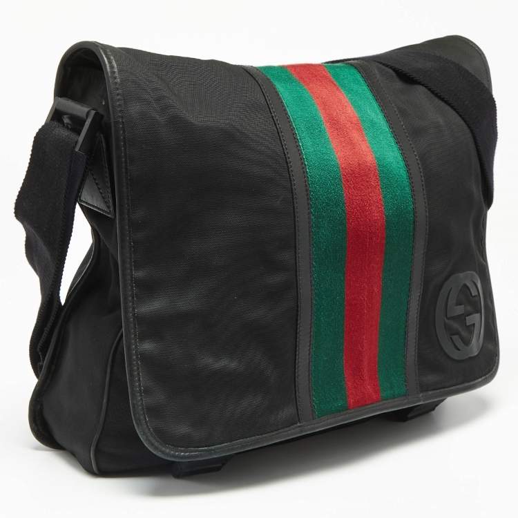 Pre Owned Gucci Black Nylon and Leather Web Double Lock Messenger Bag