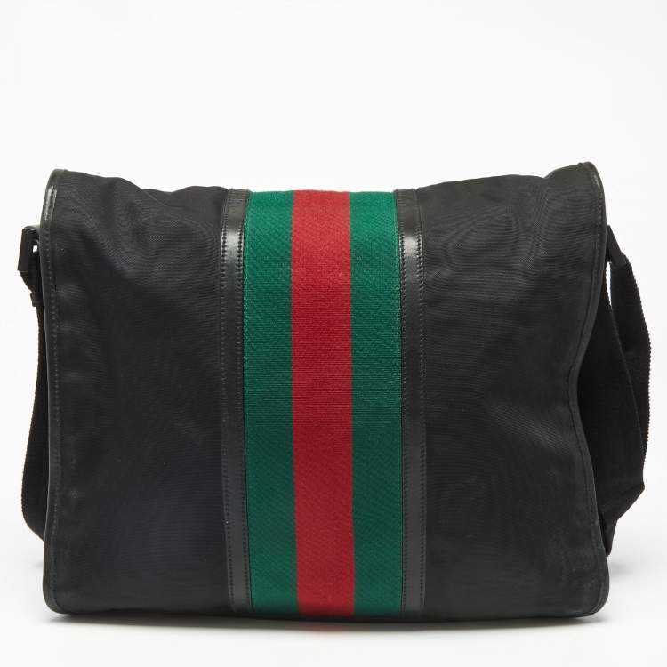 Pre Owned Gucci Black Nylon and Leather Web Double Lock Messenger Bag