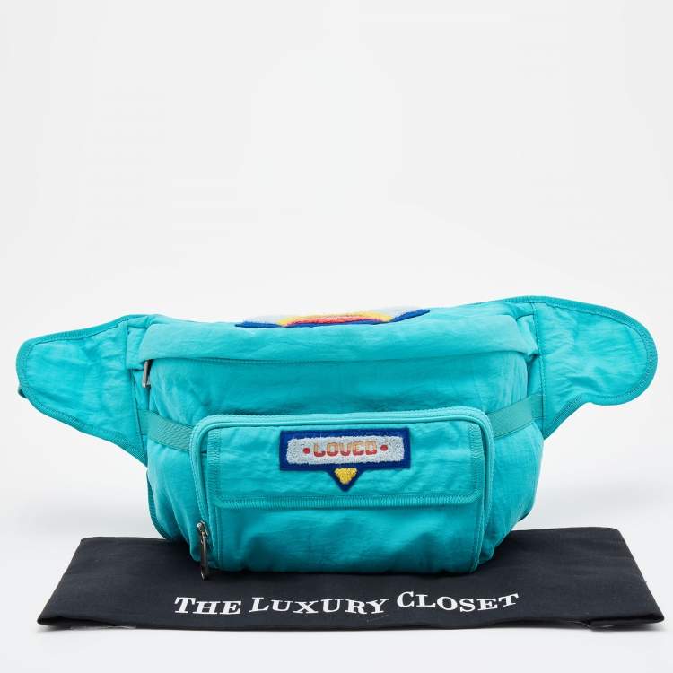 Pre Owned Gucci Turquoise Blue Fabric Convertible 80’s Logo Patch Belt Bag
