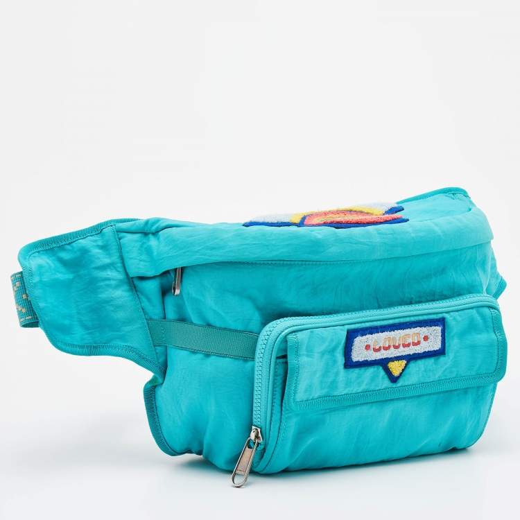 Pre Owned Gucci Turquoise Blue Fabric Convertible 80’s Logo Patch Belt Bag