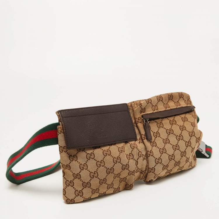 Pre Owned Gucci Brown/Beige GG Canvas Double Pocket Waist Bag