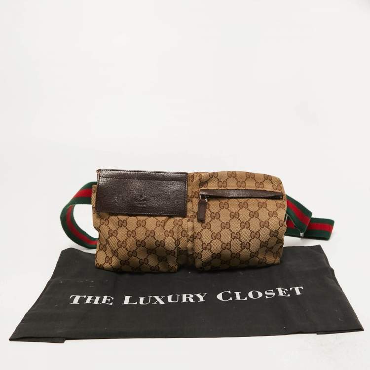 Pre Owned Gucci Brown/Beige GG Canvas Double Pocket Waist Bag