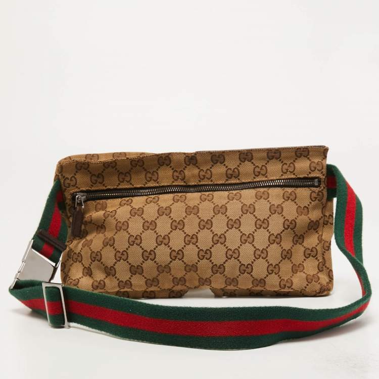 Pre Owned Gucci Brown/Beige GG Canvas Double Pocket Waist Bag