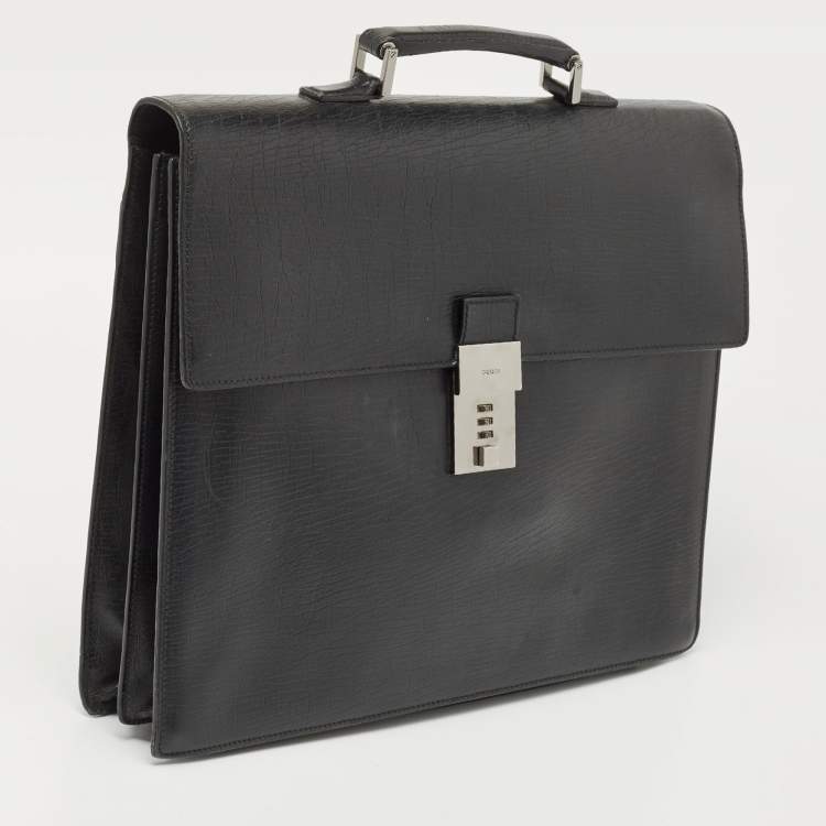 Pre Owned Gucci Black Textured Leather Combination Lock Briefcase