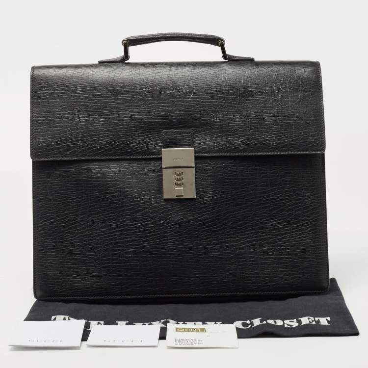 Pre Owned Gucci Black Textured Leather Combination Lock Briefcase