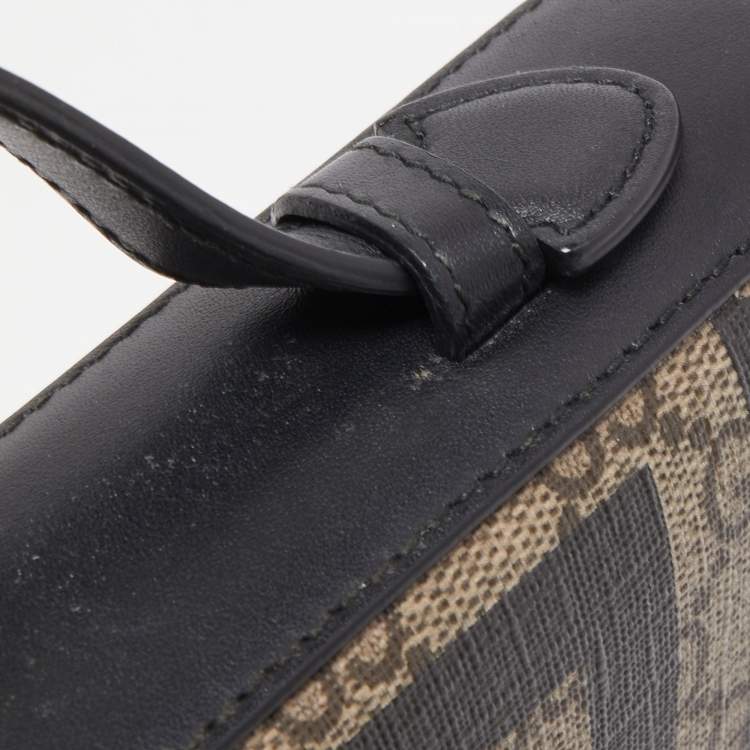 Pre Owned Gucci Black/Beige Printed GG Supreme and Leather Zip Around Travel Clutch
