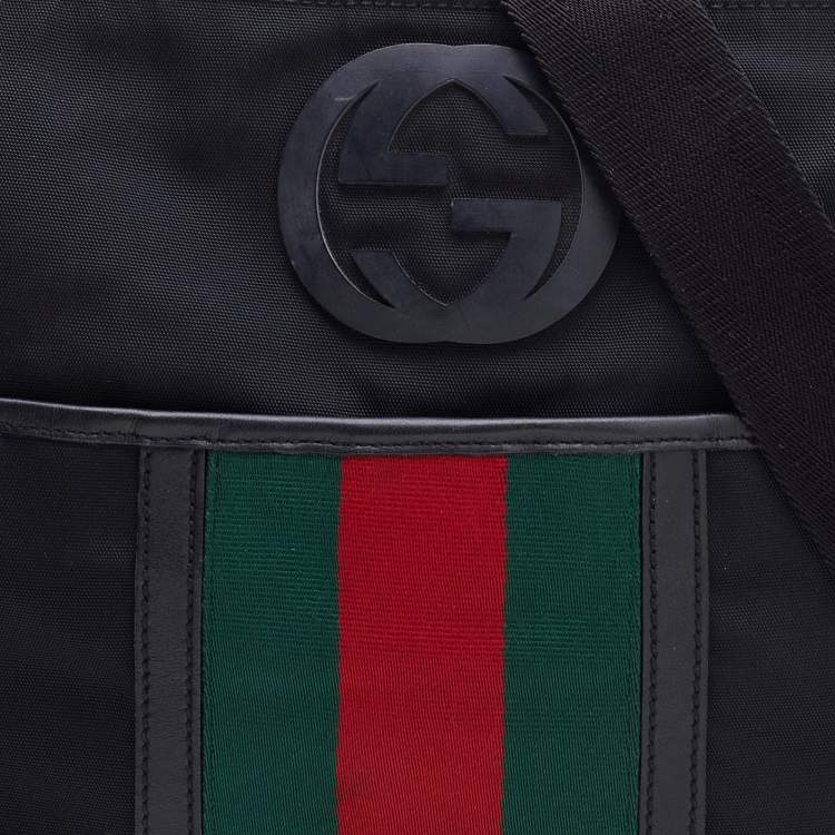 Pre Owned Gucci Black Nylon and Leather Flat Web Messenger Bag