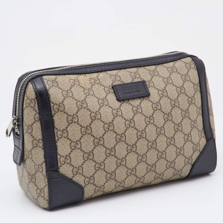 Pre Owned Gucci Beige/Black GG Supreme Canvas and Leather Zip Pouch