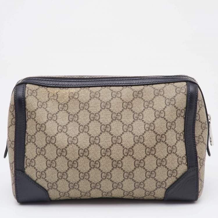 Pre Owned Gucci Beige/Black GG Supreme Canvas and Leather Zip Pouch