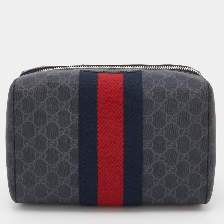 Pre Owned Gucci Black GG Supreme and Leather Web Toiletry Pouch