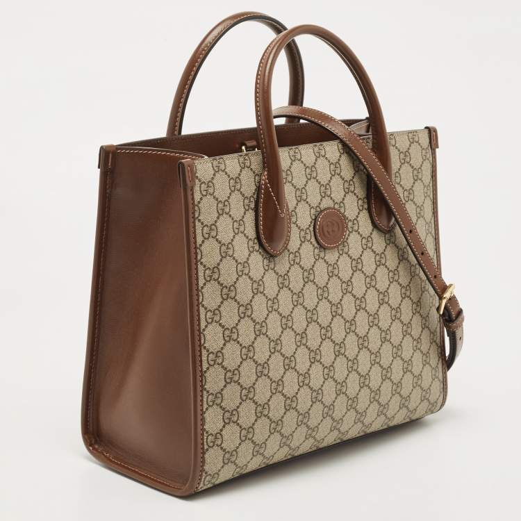 Pre Owned Gucci Brown/Beige GG Supreme Canvas and Leather Small GG Tote