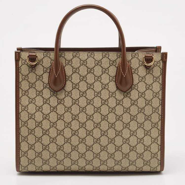 Pre Owned Gucci Brown/Beige GG Supreme Canvas and Leather Small GG Tote