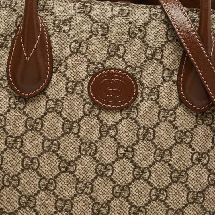 Pre Owned Gucci Brown/Beige GG Supreme Canvas and Leather Small GG Tote