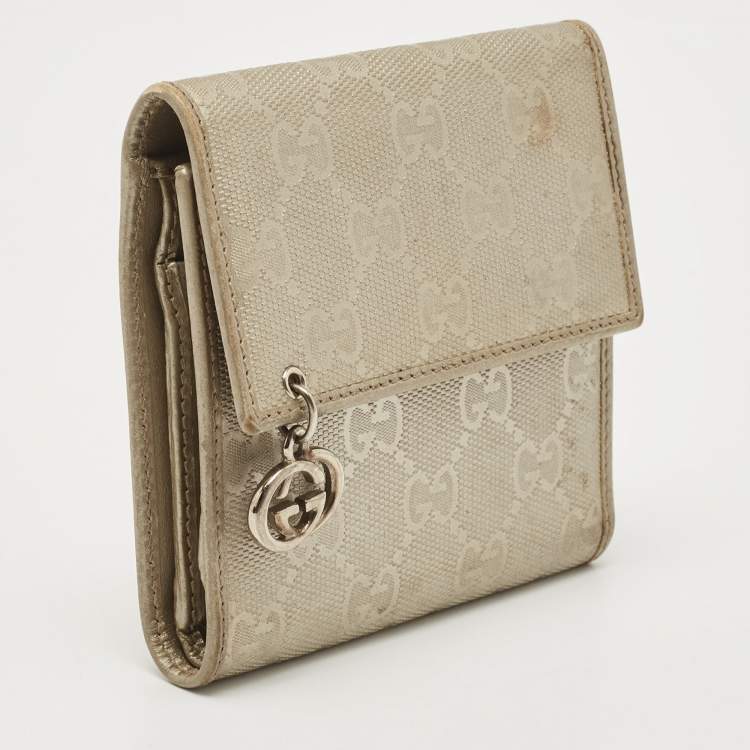 Pre Owned Gucci Silver GG Imprime Canvas and Leather GG Charm Trifold Wallet