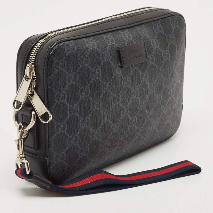 Pre Owned Gucci Black/Grey GG Supreme Canvas Wristlet Pouch