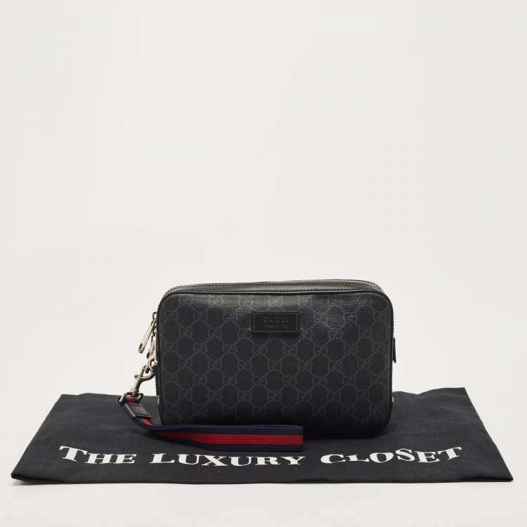 Pre Owned Gucci Black/Grey GG Supreme Canvas Wristlet Pouch