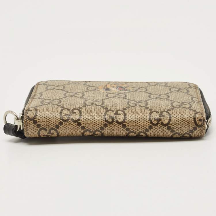 Pre Owned Gucci Beige Tiger Print GG Supreme Canvas Zip Card Case
