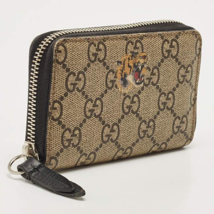 Pre Owned Gucci Beige Tiger Print GG Supreme Canvas Zip Card Case