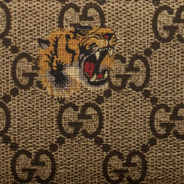 Pre Owned Gucci Beige Tiger Print GG Supreme Canvas Zip Card Case