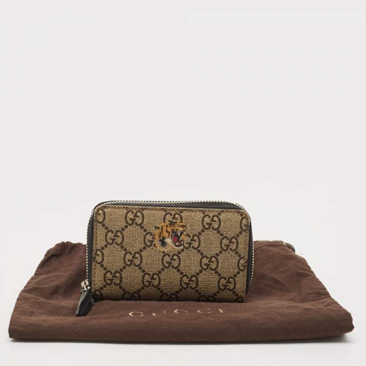 Pre Owned Gucci Beige Tiger Print GG Supreme Canvas Zip Card Case