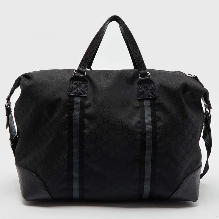 Pre Owned Gucci Black GG Nylon and Leather Web Weekender Bag