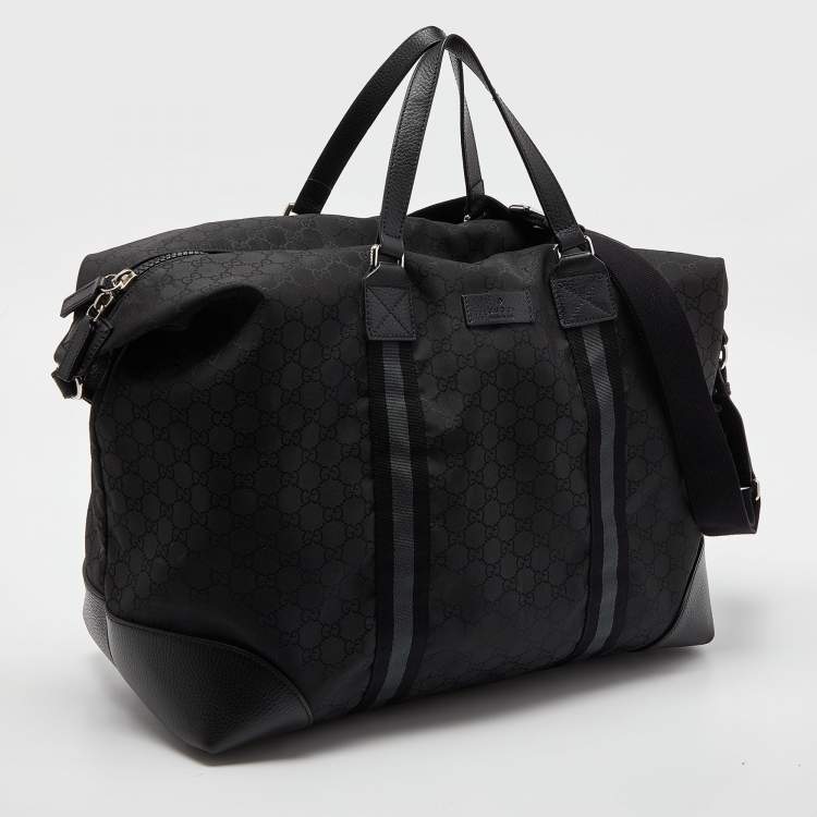 Pre Owned Gucci Black GG Nylon and Leather Web Weekender Bag